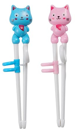 2Pairs Kid Chopsticks, Learning Helper Practice Chopsticks for Kids, Training Chopsticks Easter Gift with Animals for Beginners Toddler (cat pink +blue)