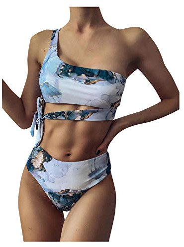 Height-Piece- Frauen Oben Zwei gestreifte Schnitte Taille Bikini Set Badeanzüge Badeanzüge Badebekleidung Steinhart Uhren (Blue, S)
