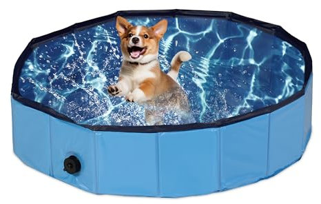 Relaxdays Hundepool Piscina para Perros y Niños, Plegable, Válvula Desagüe, Jardín, Balcón, Terraza, PVC y MDF, 80x20 cm, Azul, Tablero de Fibras, 80x20cm