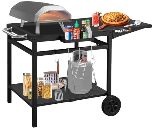 PIZZELLO Outdoor Grill Table 110 x 66cm Movable Pizza Oven Stand Foldable Double-Shelf Grill Cart Fit for 12/16inch Oven Ooni Ninja Woodfire Blackstone