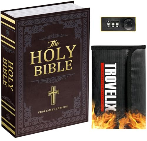 Buchtresor mit Zahlenschloss, Versteckter Safe (9,5 x 6,2 x 2,2 Zoll) mit feuerfester Tasche, Secret Diversion Safe, Hohlbuchbox Versteckte Aufbewahrung, Geldtresor für Bargeld (Bibel)