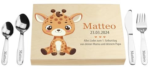 LAUBLUST Kinderbesteck mit Namensgravur - Giraffe UV-Druck & Geschenkbox Natur | Besteck mit Namen - Geschenk zur Taufe für Kinder - Taufgeschenke für Jungen & Mädchen | Edelstahl - Holzkiste