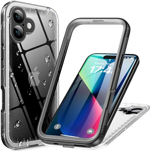 Cozycase TOP Shockproof IP68 Waterproof Case for iPhone 16 Plus Heavy Duty 360 Full Body & Screen Camera Protector Front Back Cover Dustproof Hard 16Plus Tough Protective Case Black/Frosted Clear