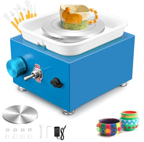 Mini Electric Pottery Wheel, Couleeur 2000RPM & 10/6.5cm Plates Turntable Pottery Wheel, Adjustable Speed Pottery Wheel for Kids with Shaping Tools for Pottery DIY Shops, Pottery Teaching(Blue)