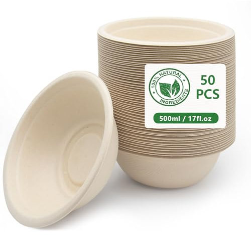 RZMZBY 500ml Cuencos Desechables de Caña de Azúcar | Cubiertos Desechables Ecológica y Compostable | Alternativa Natural al Plástico, Para Fiestas/Picnics/Hogar (50, 500ml)