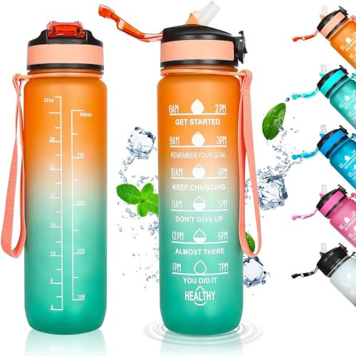 Avyli Sports Water Bottles, 1L, BPA Free, Leak Proof, Tritan Plastic, with Time Marker and Straw, for Gym, Outdoor, Running, Cycling, Hiking (Orange Green)