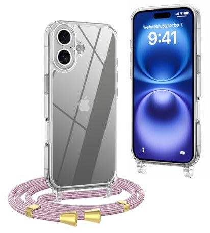 OLEPHY Trasparente Cover con Cordino per iPhone 16 Plus 6,7'', Custodia con Regolabile Collana, [Antiurto] [AntiGraffio] Case con Laccio Tracolla, Oro Rosa