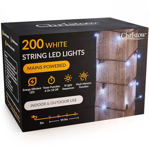 CHRISTOW Christmas Fairy Lights, White LED String Lighting with Timer, Indoor & Outdoor, Tree Lights, Mains Operated, 8 Light Modes Flashing & Static, Green Cable (200 LED / 20m Lit Length)