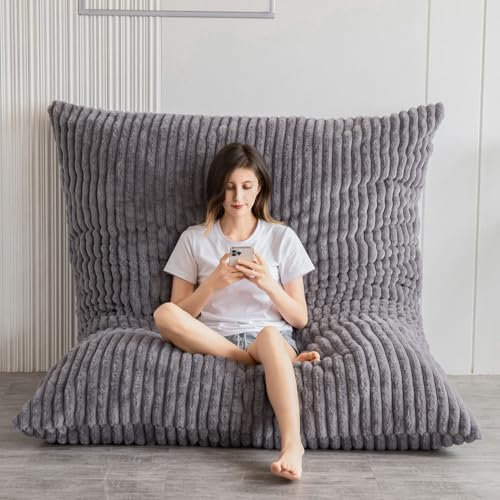 MAXYOYO Riesiges Sitzsack-Bett, quadratischer Sitzsack-Stuhl, großes Sofa mit Kunstfellbezug und Flauschiger Füllung für Erwachsene, Paare, Gäste (Cord-Grau, 150x200 cm)