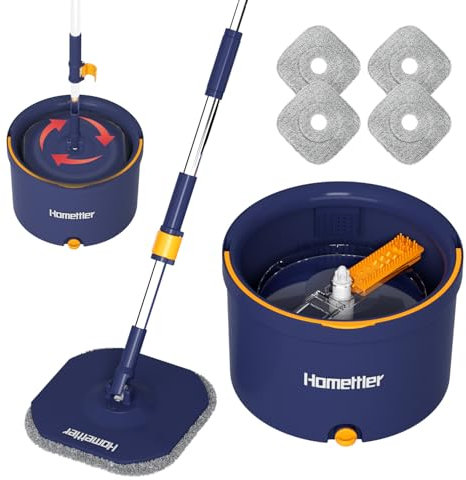HoMettler Spin Mop and Bucket Set, Mop Bucket with Separate Dirty Water System, Deep-Cleaning Mops for Floors/Wall, Versatile Mops with 4 Microfiber Mop Pads