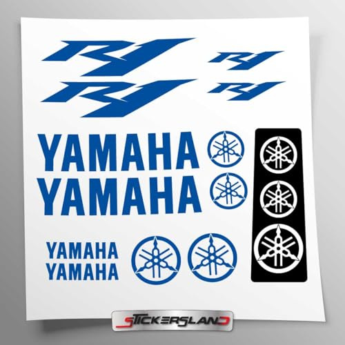 Aufkleber-Set kompatibel mit Tank und Motorradhelm | transparente Vinyl-Basis | einfache Anwendung | UV-Druck | Logo-Schriftzug | Stickersland® – R1 (blau)