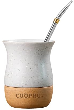 Cuopru Taza de cerámica Yerba Mate de 8 onzas con base de madera original, incluye calabaza mate, pajita de bombilla y cepillo de limpieza, perfecta para yerba mate tradicional y taza de estilo