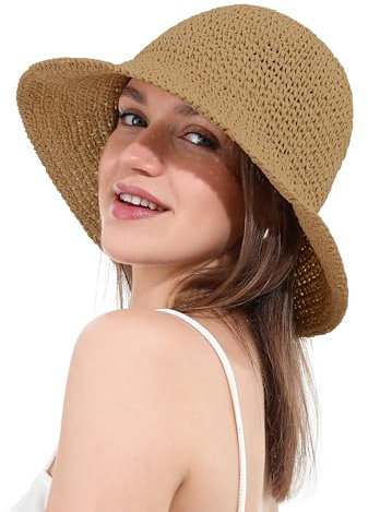 Chapeau de Soleil Femme en Paille Tressée Large Bord Reversible Plage Bob Pliable Été Voyage Protection UV UPF50+(Kaki)
