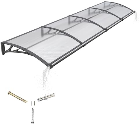 Vordach für Haustür,350x100cm Fenstervordach mit separater Entwässerung, Polycarbonat Pultvordach Überdachung für UV-, Regen- und Schneeschutz – Ideal für Veranda, Terrasse und Fenster