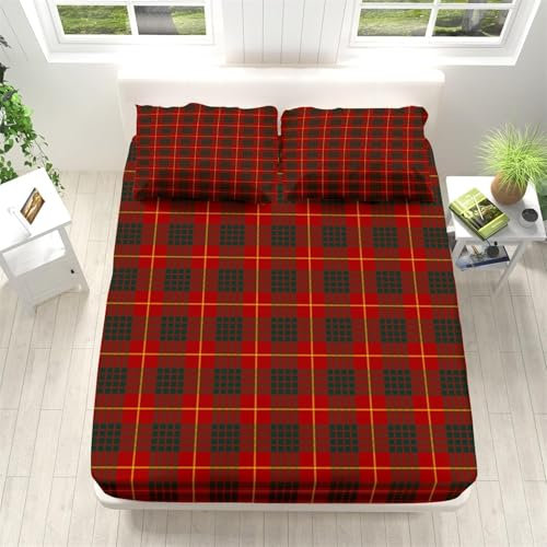 3D Spannbettlaken 140x200 Geometrisches Raster Bettlaken Weiches Atmungsaktiv Spannbetttücher Rotes Plaid Mikrofaser Spannbetttuch Tiefe Tasche 30 cm Mit 2 Kissenbezügen 80x80 cm q.1486