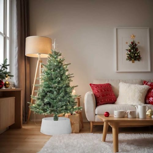 Jupe de Sapin de Noël Blanche en Polypropylène, Design Rotin, Décoration Noëls Sapin, Cache Pied Sapin de Noël, Diamètre 65 cm, Hauteur 23 cm