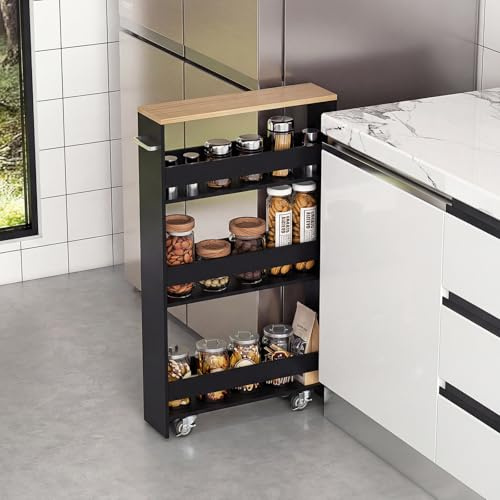 COSTWAY Nischenwagen 13cm breit, Nischenregal Badregal 4 Etagen, Nischenschrank auf Rollen, Servierwagen schmal, Küchenwagen mit Griff, Rollwagen Bad, Holz, 47,5x13x80,5cm (Schwarz+Natur)