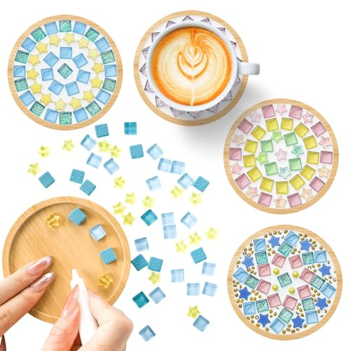 YYTECH 4 Stück Mosaik Untersetzer Bastelset, Mosaik Bastelset Erwachsene, Bambus Untersetzer, Basteln & Diy Dekorative Tablett Weihnachten Geschenk Geburtstagsgeschenk, für Bastelarbeiten