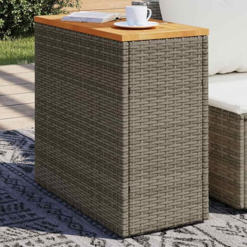 IBUQDDV Garten Beistelltisch mit Holzplatte Grau 58x27,5x55 cm Rattan Outdoor Tisch für Terrasse und Balkon Dieser vielseitige Gartentisch aus robustem PE-Rattan und Einer
