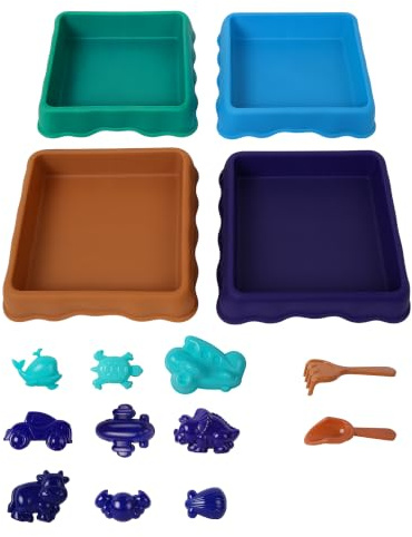 Kids Sensory Play Tray Set – 4 Pack Messy Sand & Water Play Set with Sand Moulds and Play Tools, Plastic Play Set for Indoor & Outdoor Activities, Creative Gift for Boys & Girls Ages 3+
