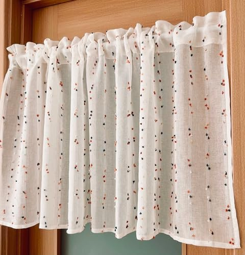 Jeeman Scheibengardine Leinenoptik kaffeehaus Kurzstores H45xB150cm | Naturfarbton 1 Stück Halbtransparente Pompon Deko boho Curtain Bistrogardine Gardine küche landhausstil Fenstergardinen