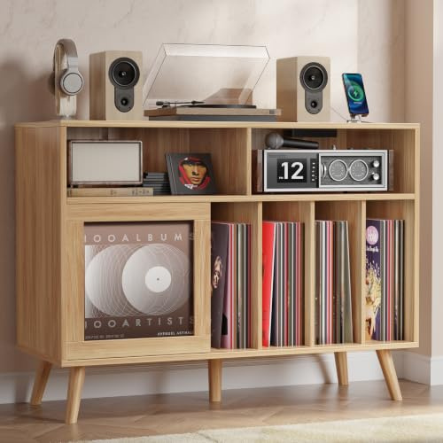 Gyfimoie Large Record Player Stand with Sliding Doors, 500+ Vinyl Record Storage Cabinet with Charging Station, Vinyl Holder with Display Area, Wood Turntable Table for Living Room & Music, Wood