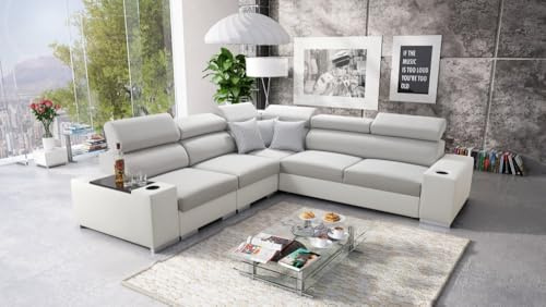 IM SOFA Ecksofa L-Form mit Schlaffunktion PERS III – Moderne Wohnzimmer Couch (Hellgrau Luxo + Weißes Kunstleder, Links)