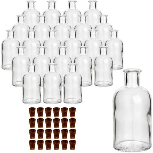 gouveo 24er Set Glasflaschen 100 ml Apotheker rund mit Korken (SK) - Kleine 0,1 l Flasche aus Glas - Lerere Korkenflasche für Likör, Öl, Essig, Deko (AFRT100SK)