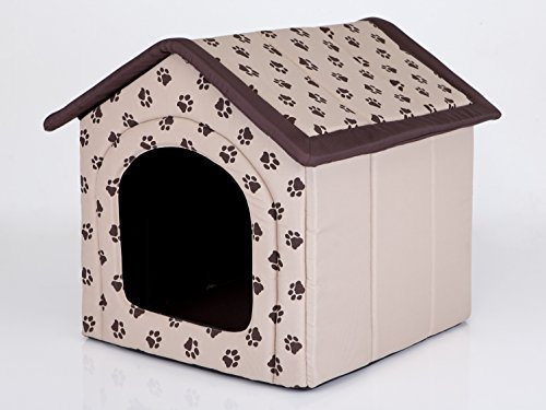 HobbyDog Hundehaus Hundehütte für mittelgroße Hunde - Katzenhaus, Katzenhöhle - mit herausnehmbarem Dach - Tierhaus für Katzen und Hunde für Drinnen/Indoor 52 x 46 x 53 cm [L] Beige mit Pfoten