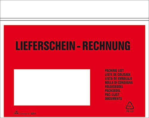 RNKVERLAG 2201 - Begleitpapiertasche LIEFERSCHEIN-RECHNUNG, DIN C6, Celloverpackung, rot/schwarz, 100 Stück