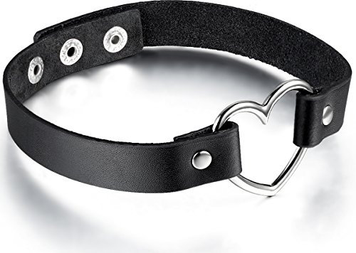 Flongo Fashion Women Girl Cool Punk Goth Heart-Shape Lock Link Leather Collar Choker Necklace,Heart Lock Charm Pendant Choker Necklace (B)