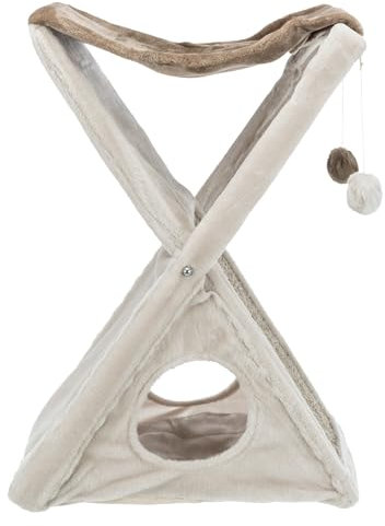 TRIXIE Miguel Fold and Store Cat Hammock, Indoor Cat Furniture with Dangling Toys, Scratching Pad, and Cave, Taupe/Light Gray