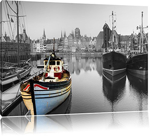 Pixxprint schöner Hafen in Danzig - Polen B&W, Größe: 60x40cm, Leinwandbild, fertig gespannt, Wandbild, Dekoration, Kunstdruck, kein Poster