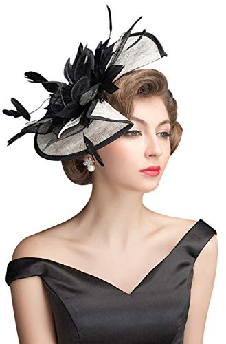 Z&X Sinamay Fasciantor Derby Church Hats for Women Floral Feather Wedding Tea Party Headpiece with Headband Clip Black and White