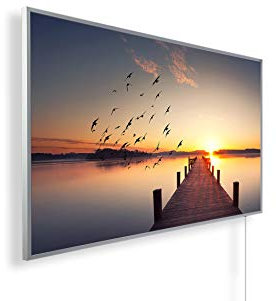 Infrarotheizung – Bildmotiv – TÜV SÜD - 1200 Watt + Thermostat - Weißer Rahmen (02. Steg Vögel)