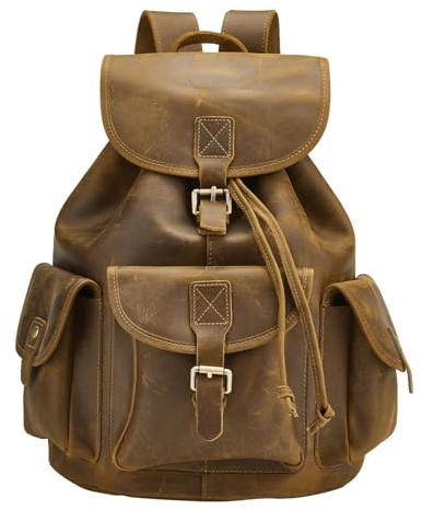 Rucksack aus Leder Laptoprucksack Fahrradrucksack Trekkingrucksack Lederrucksack Vintage Damen Herren (Braun)