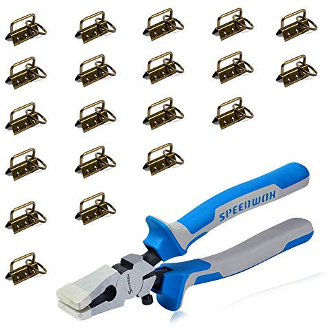 SPEEDWOX Key Fob Pliers and 20 Sets 1.25 Inch Key Fob Hardware with Split Rings Antique Brass Webbing Fabric Crafts Wristlet Set Glass Breaking Pliers Tools with Rubber Tips