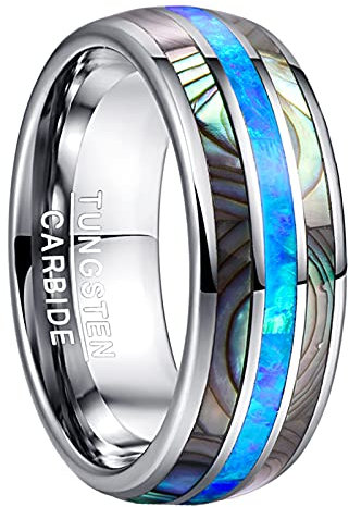 Vakki 8mm Männer/Frauen Ring aus Wolfram Abalone Muschel und Blau Opal Inlay Ring für Hochzeit Verlobungs Hobby Freundschaft Größe 52 (16.6)