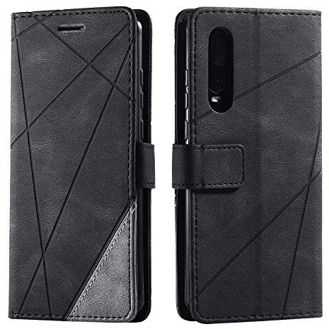 SONWO Hülle für Huawei P30, Premium Leder PU Handyhülle Flip Case Wallet Silikon Bumper Schutzhülle Klapphülle für Huawei P30, Schwarz