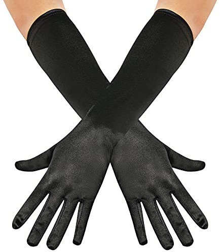 Lystaii Lange Opera Party 20er Jahre Satin Handschuhe dehnbar Ellenbogenlänge Hochzeit 38,1 cm klassisch, Schwarz, 38 cm