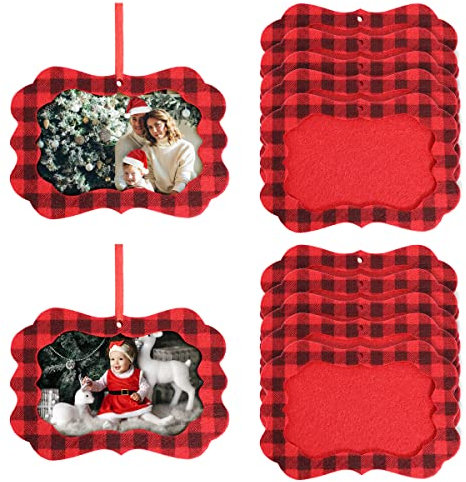 Christmas Picture Frame, 12pcs Christmas Felt Photo Frame Buffola Plaid Hanging Photo Frames Ornaments for Christmas Tree Hanging Decorations or Holiday Presents(Red&Black)