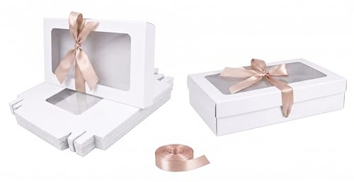 Emartbuy Pack of 12 White Gift Boxes Clear Window Medium-Large 27x16x6 cm | With Gold Satin Ribbon Recyclable Kraft Presentation Box for Hampers, Treats, Weddings & Favours