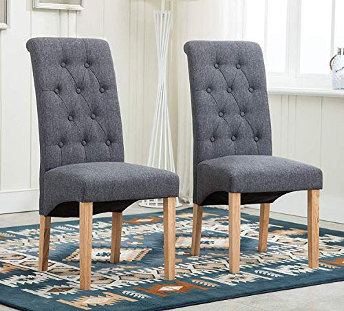 folk Set of 2 x Dining Chairs Kitchen Side Dining Chairs Upholstered Seat for Counter Lounge Living Room Corner Accent with Backrest & Soft Seat Wood Legs Reception Linen (Dark Grey)
