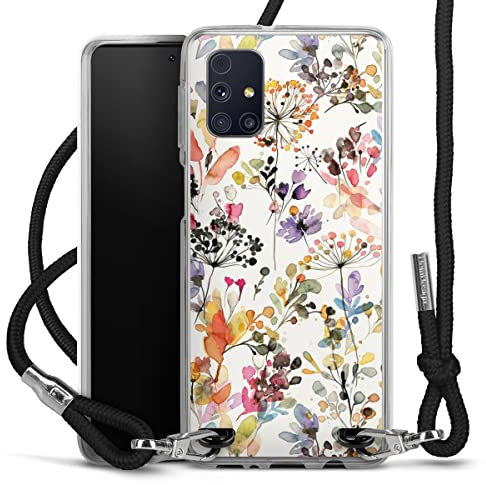 DeinDesign Carry Case kompatibel mit Samsung Galaxy M31s Hülle mit Band Handykette zum Umhängen schwarz Blume Muster Pastell