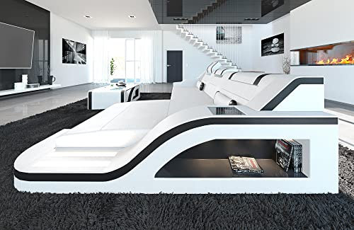 Ledersofa Palermo L Form Sofa - mit LED Beleuchtung, verstellbare Kopfstützen, Recamiere/Lederfarben wählbar/Ausrichtung wählbar (Ottomane rechts, Weiß-Schwarz)