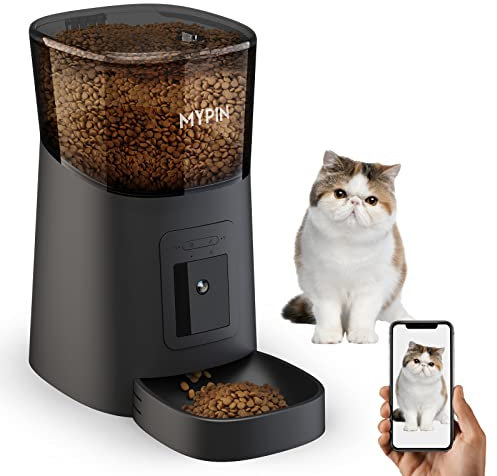 Automatic Cat Feeder with Timer, MYPIN 2.4G WiFi 6L Cat Food Dispenser, 1080P HD Video with Night Vision, 10s Voice Recording, Up to 20 Portions 12 Meals Per Day
