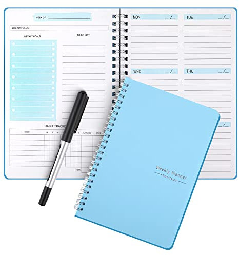 Agenda settimanale senza data, lista delle cose da fare, agenda giornaliera A5 con obiettivi settimanali, monitoraggio delle abitudini, per lavoro universitario ADHD (blu)