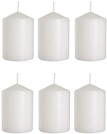 Set of 6 Pillar Candles, Set of 6 Votive Candles, Decorative Household Candles - Up to 66 Hours Long Burn Time, Unscented, Natural Vegan Wax, Clean Burn - 15 x 7 cm / 6 x 2.75″ (White, Matt)