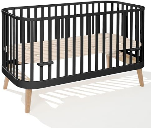 ATB Cuna De Bebe 140x70 Evolutive Cama Bebe Convertible 3en1 Sofá Blanco Negro Madera De Haya Natural Diversos Niveles De Altura del Colchón Cunas para Bebes Elegante Arrotondato (Negro)