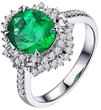 Anillos Mujer Flor, Anillos Mujer Vintage Oro Blanco 18K 1.68Ct Esmeralda Verde Forma Oval Moissanita Blanco Talla 25 con Joyero